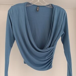 Elegant Deep V-Neck Long Sleeve Top in Blue
